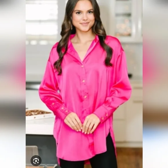 ENTRO Satin Long Sleeve Relaxed Fit Button Up Blouse In Hot Pink. Size Med NWT - Picture 2 of 16